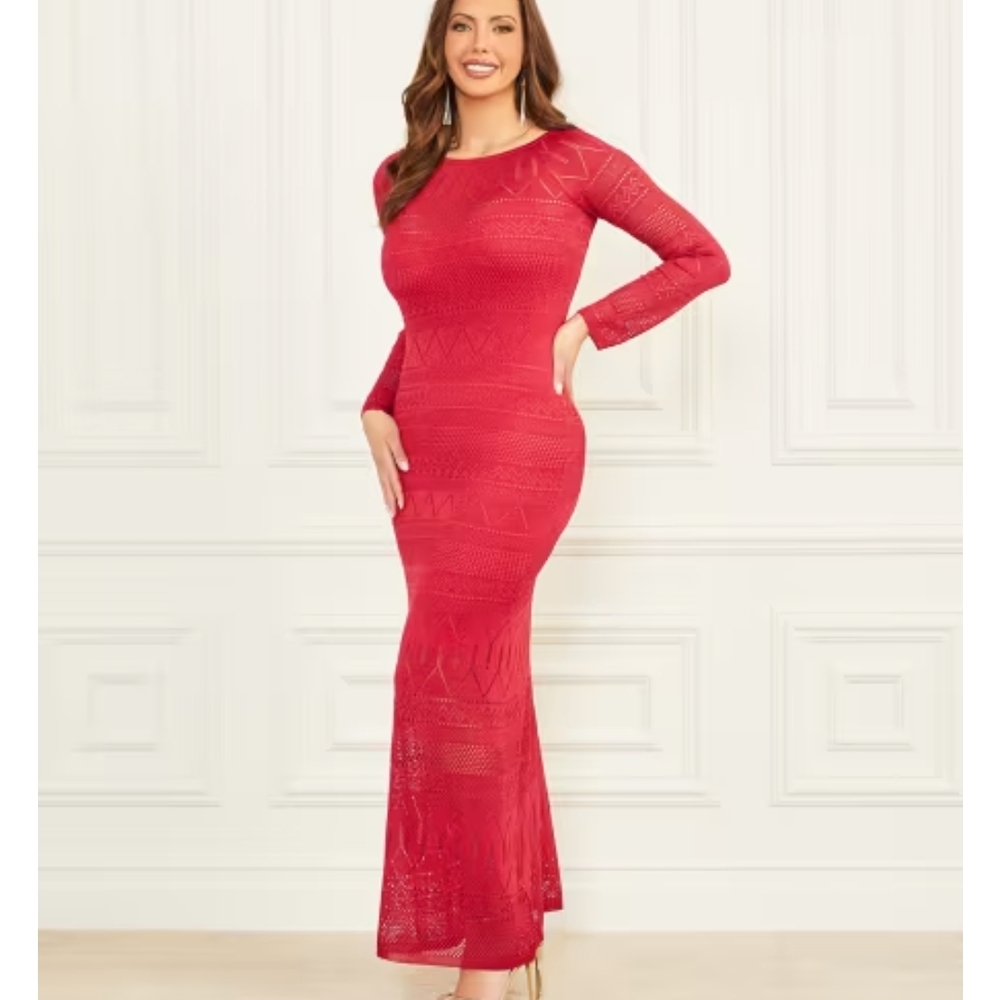 Guess by Marciano Red Long Sleeve Hydra Maxi Sweater Dress